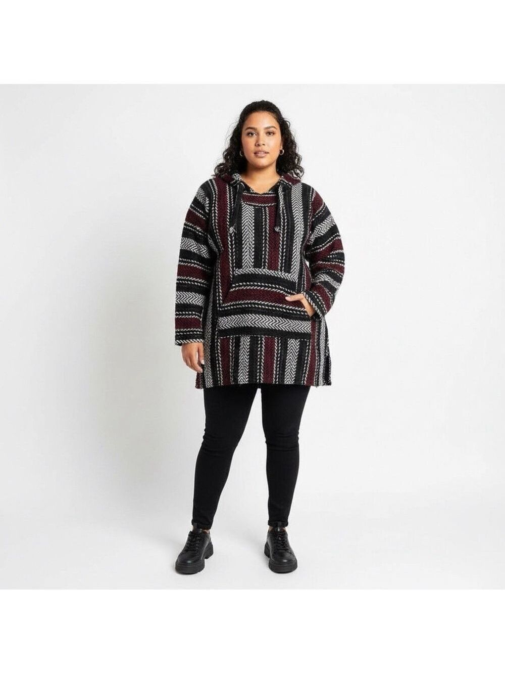 Earth Ragz Baja Joe Striped Woven Hoodie Sweater Poncho Festival Southwestern